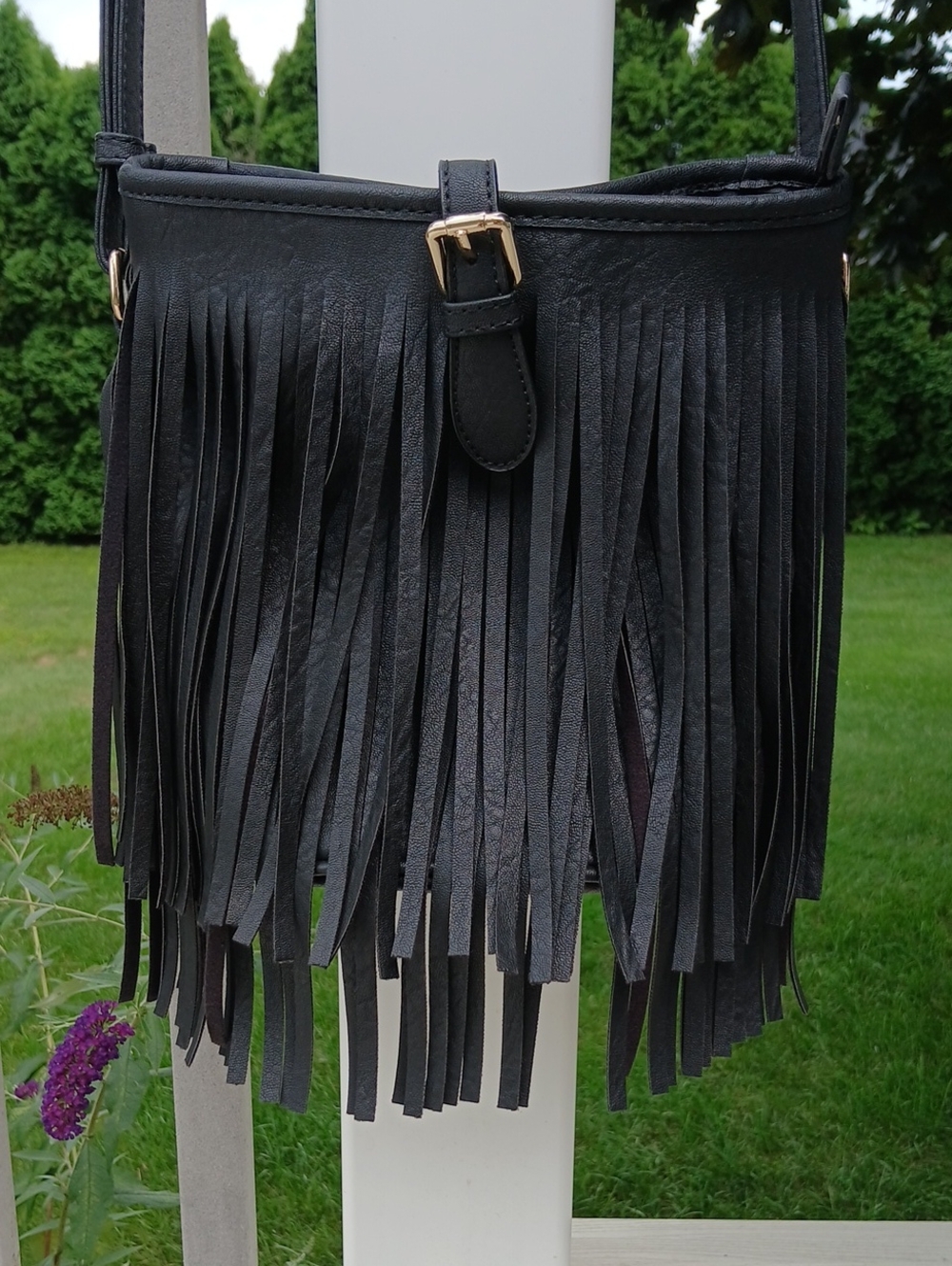 Black Fringe Crossbody Bag with Gold Buckle Accent